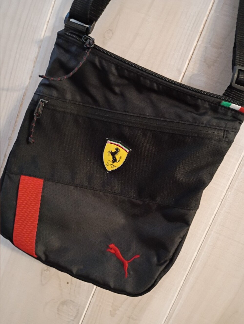 PUMA Scuderia Ferrari Adjustable Crossbody Black Shoulder Bag with Red Accents